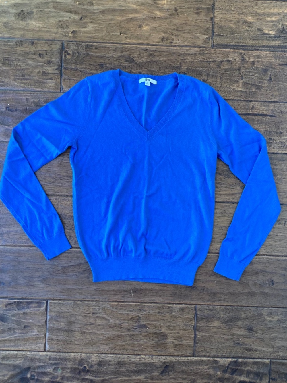 Uniqlo Cotton Cashmere V Neck Sweater Womens XS Blue Preppy Office